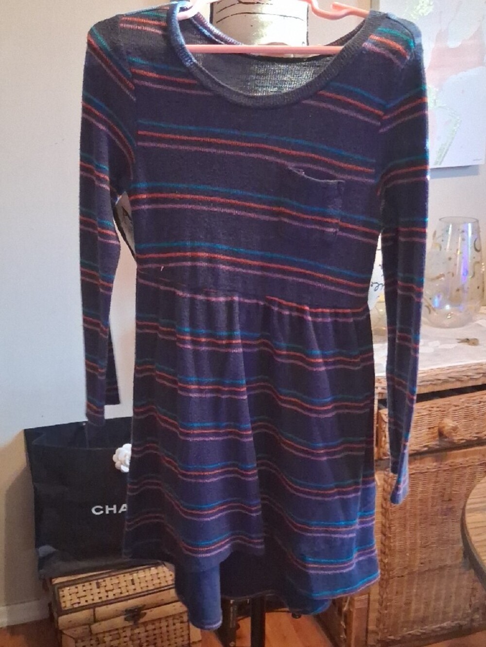 Roxy Girls Navy Striped Long-Sleeve Dress with Teal & Pink Stripes Girls Size 4